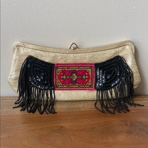 Vintage Gold and Black Clutch with Fringe